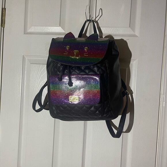 Betsey Johnson Rainbow Cat Black quilted Backpack drawstring closure . main image 10
